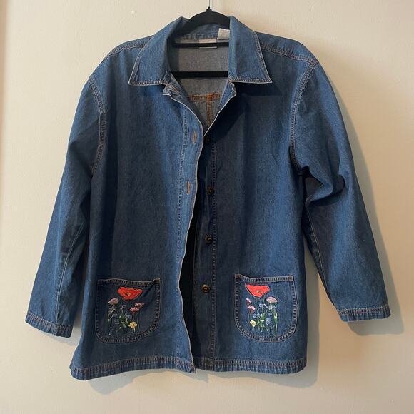 Vintage Blair Lightweight Denim Floral Embroidered Chore Coat / Shirt Jacket L - Picture 7 of 7